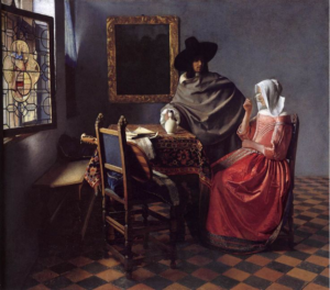 El arte y el vino: Dama bebiendo con un caballero de Vermeer
